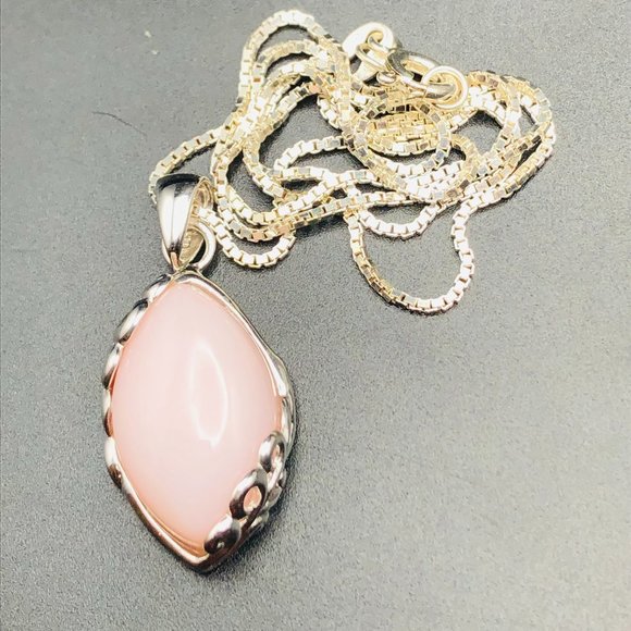 BBJ Sterling Silver 925, 16" Box Chain Necklace, Pink Agate Pendant, 8 Grams - Picture 7 of 14